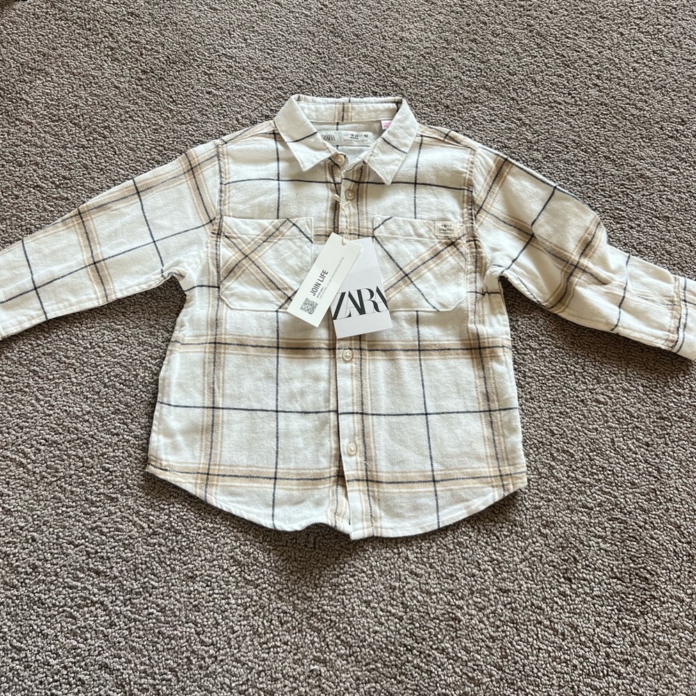 Zara Cream and Brown Plaid Long-Sleeve Shirt